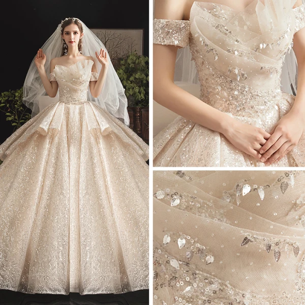 Bling Bling Champagne Wedding Dresses 2019 Ball Gown Off-The-Shoulder Short Sleeve Backless Glitter Sequins Tulle Cathedral Train Ruffle