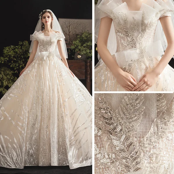 Bling Bling Champagne Robe De Mariée 2019 Robe Boule Unique De l'épaule Manches Courtes Dos Nu Glitter Paillettes Tulle Chapel Train Volants
