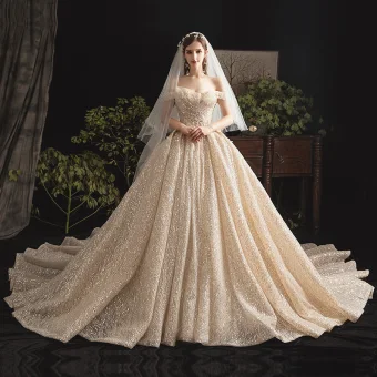 Bling Bling Champagne Robe De Mariée 2019 Robe Boule De L 039 Épaule Manches Courtes Dos Nu Glitter Tulle Cathedral Train Volants