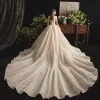 Bling Bling Champagne Wedding Dresses 2019 Ball Gown Off-The-Shoulder Short Sleeve Backless Glitter Tulle Cathedral Train Ruffle