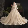 Bling Bling Champagne Wedding Dresses 2019 Ball Gown Off-The-Shoulder Short Sleeve Backless Glitter Tulle Cathedral Train Ruffle