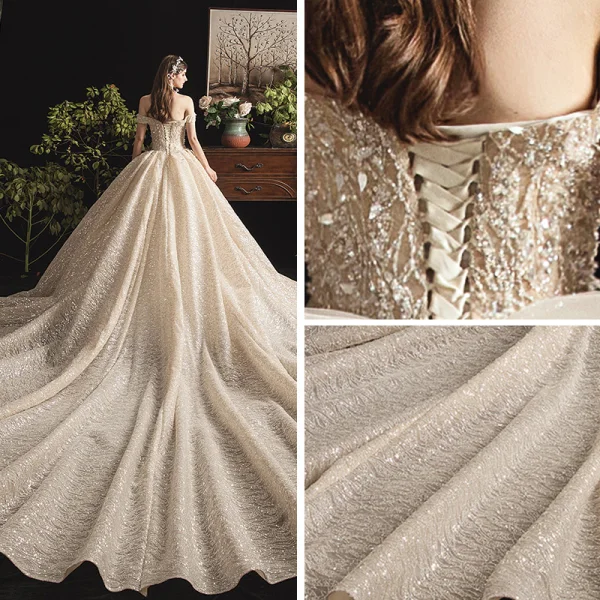 Bling Bling Champagne Wedding Dresses 2019 Ball Gown Off-The-Shoulder Short Sleeve Backless Glitter Tulle Cathedral Train Ruffle