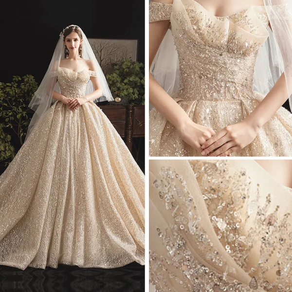 Bling Bling Champagne Wedding Dresses 2019 Ball Gown Off-The-Shoulder Short Sleeve Backless Glitter Tulle Cathedral Train Ruffle