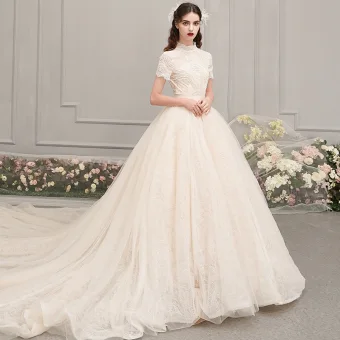 Vintage Retro Champagne Wedding Dresses 2019 A Line Princess High Neck Short Sleeve Backless Beading Pearl Sash Cathedral Train Ruffle
