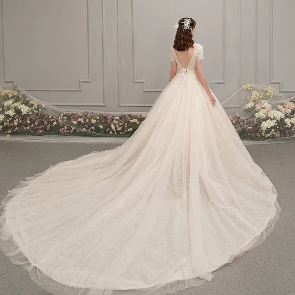 Vintage / Retro Champagne Wedding Dresses 2019 A-Line / Princess High Neck Short Sleeve Backless Beading Pearl Sash Cathedral Train Ruffle