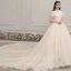 Vintage / Retro Champagne Wedding Dresses 2019 A-Line / Princess High Neck Short Sleeve Backless Beading Pearl Sash Cathedral Train Ruffle