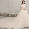 Vintage / Retro Champagne Wedding Dresses 2019 A-Line / Princess High Neck Short Sleeve Backless Beading Pearl Sash Cathedral Train Ruffle