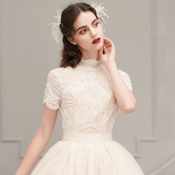 Vintage / Retro Champagne Wedding Dresses 2019 A-Line / Princess High Neck Short Sleeve Backless Beading Pearl Sash Cathedral Train Ruffle