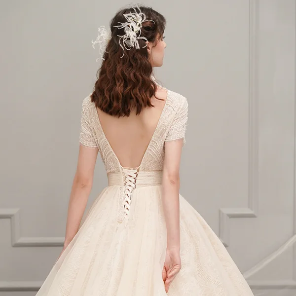 Vintage / Retro Champagne Wedding Dresses 2019 A-Line / Princess High Neck Short Sleeve Backless Beading Pearl Sash Cathedral Train Ruffle