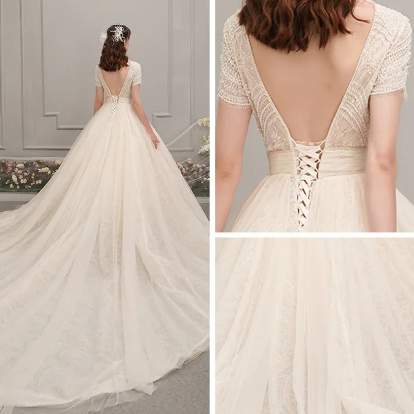 Vintage / Retro Champagne Wedding Dresses 2019 A-Line / Princess High Neck Short Sleeve Backless Beading Pearl Sash Cathedral Train Ruffle