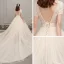 Vintage / Retro Champagne Wedding Dresses 2019 A-Line / Princess High Neck Short Sleeve Backless Beading Pearl Sash Cathedral Train Ruffle
