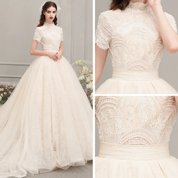 Vintage / Retro Champagne Wedding Dresses 2019 A-Line / Princess High Neck Short Sleeve Backless Beading Pearl Sash Cathedral Train Ruffle