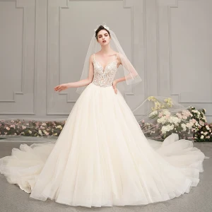 Illusion Champagne Wedding Dresses 2019 A Line Princess Spaghetti Straps Sleeveless Backless Appliques Lace Pierced Beading Glitter Tulle Cathedral Train Ruffle