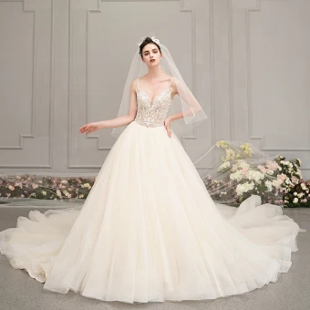 Illusion Champagne Robe De Mariée 2019 Princesse Bretelles Spaghetti Sans Manches Dos Nu Appliques En Dentelle Percé Perlage Glitter Tulle Cathedral Train Volants