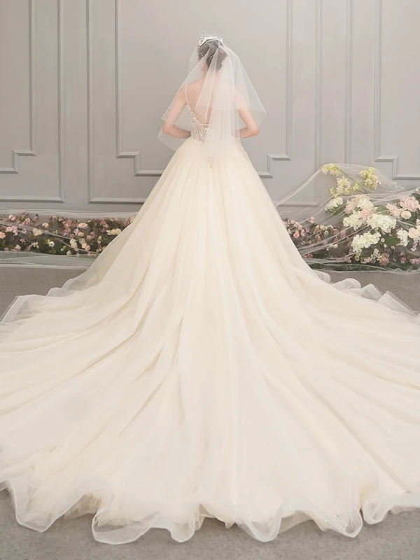 Illusion Champagne Wedding Dresses 2019 A-Line / Princess Spaghetti Straps Sleeveless Backless Appliques Lace Pierced Beading Glitter Tulle Cathedral Train Ruffle