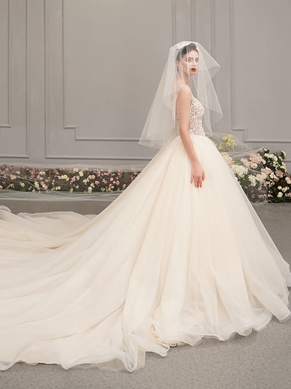 Illusion Champagne Wedding Dresses 2019 A-Line / Princess Spaghetti Straps Sleeveless Backless Appliques Lace Pierced Beading Glitter Tulle Cathedral Train Ruffle