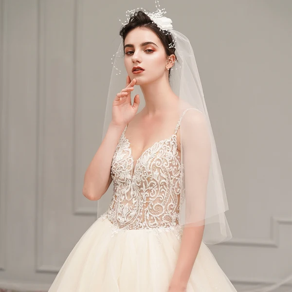 Illusion Champagne Wedding Dresses 2019 A-Line / Princess Spaghetti Straps Sleeveless Backless Appliques Lace Pierced Beading Glitter Tulle Cathedral Train Ruffle