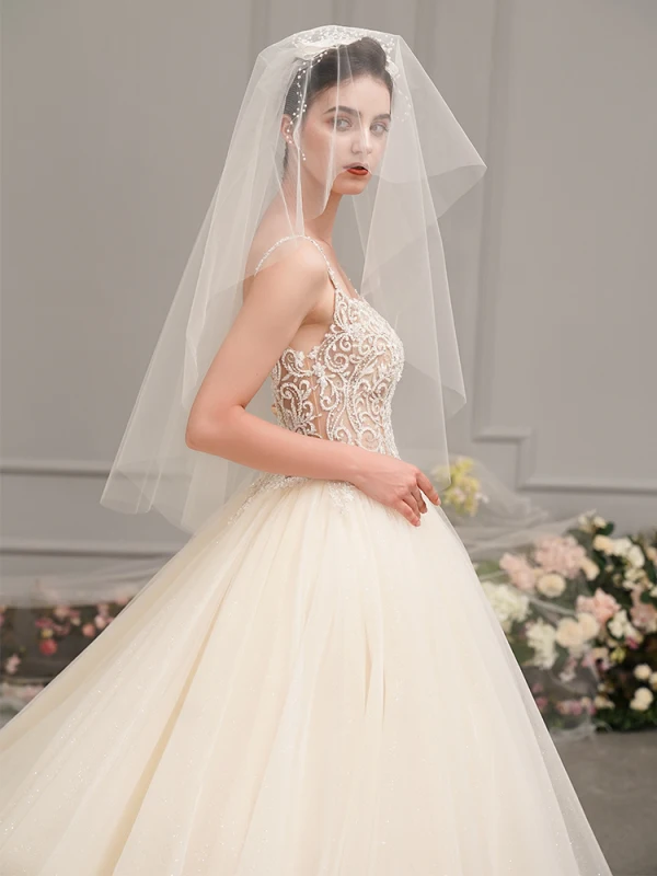 Illusion Champagne Wedding Dresses 2019 A-Line / Princess Spaghetti Straps Sleeveless Backless Appliques Lace Pierced Beading Glitter Tulle Cathedral Train Ruffle