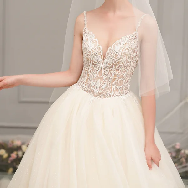 Illusion Champagne Wedding Dresses 2019 A-Line / Princess Spaghetti Straps Sleeveless Backless Appliques Lace Pierced Beading Glitter Tulle Cathedral Train Ruffle