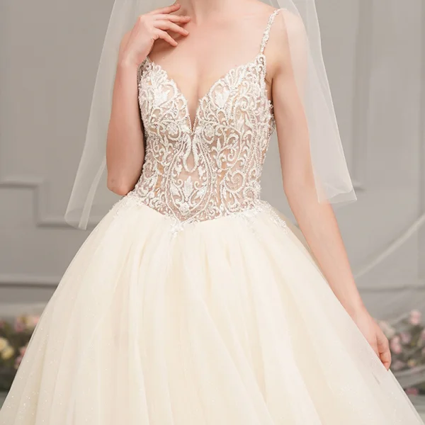 Illusion Champagne Wedding Dresses 2019 A-Line / Princess Spaghetti Straps Sleeveless Backless Appliques Lace Pierced Beading Glitter Tulle Cathedral Train Ruffle