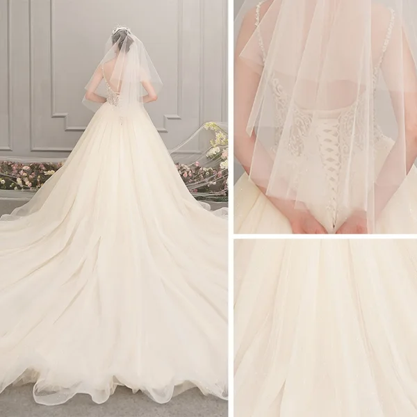 Illusion Champagne Wedding Dresses 2019 A-Line / Princess Spaghetti Straps Sleeveless Backless Appliques Lace Pierced Beading Glitter Tulle Cathedral Train Ruffle