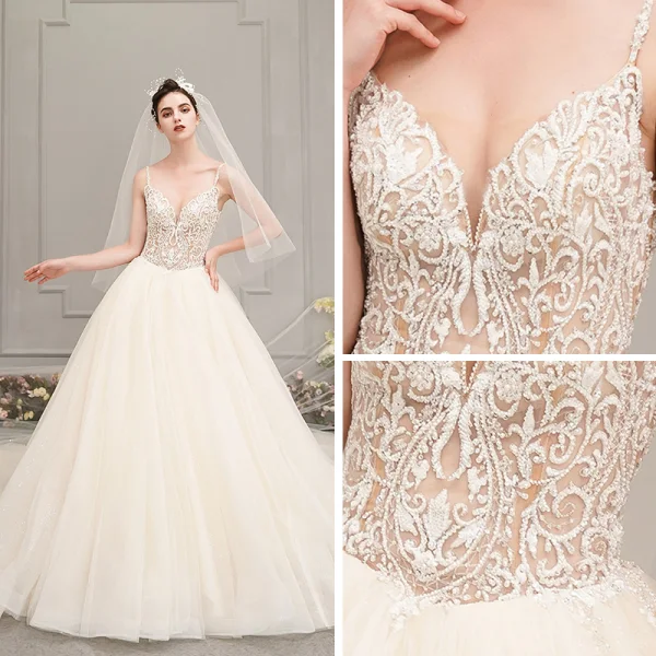 Illusion Champagne Wedding Dresses 2019 A-Line / Princess Spaghetti Straps Sleeveless Backless Appliques Lace Pierced Beading Glitter Tulle Cathedral Train Ruffle