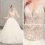 Illusion Champagne Wedding Dresses 2019 A-Line / Princess Spaghetti Straps Sleeveless Backless Appliques Lace Pierced Beading Glitter Tulle Cathedral Train Ruffle