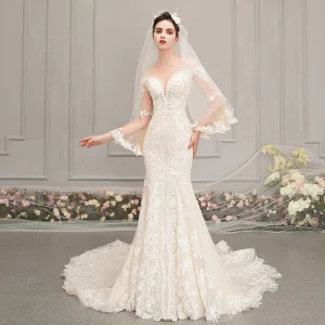 Best Champagne See Through Wedding Dresses 2019 Trumpet Mermaid Scoop Neck Bell Sleeves Backless Appliques Lace Beading Chapel Train Ruffle