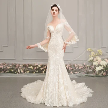 Best Champagne See Through Wedding Dresses 2019 Trumpet Mermaid Scoop Neck Bell Sleeves Backless Appliques Lace Beading Chapel Train Ruffle