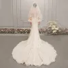 Best Champagne See-through Wedding Dresses 2019 Trumpet / Mermaid Scoop Neck Bell sleeves Backless Appliques Lace Beading Chapel Train Ruffle