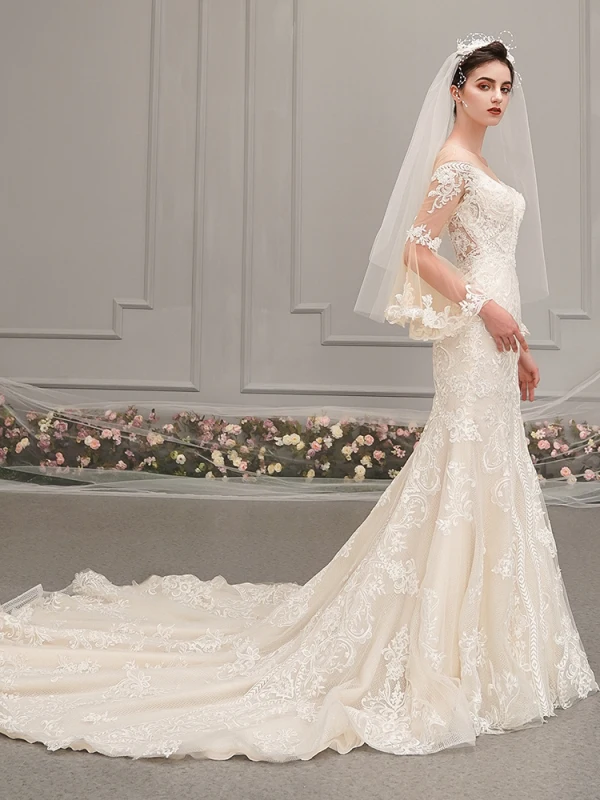 Best Champagne See-through Wedding Dresses 2019 Trumpet / Mermaid Scoop Neck Bell sleeves Backless Appliques Lace Beading Chapel Train Ruffle