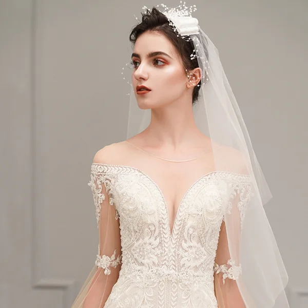 Best Champagne See-through Wedding Dresses 2019 Trumpet / Mermaid Scoop Neck Bell sleeves Backless Appliques Lace Beading Chapel Train Ruffle