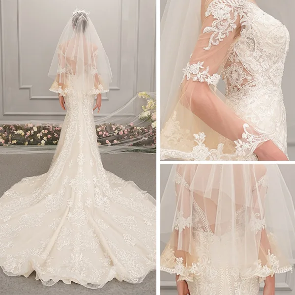 Best Champagne See-through Wedding Dresses 2019 Trumpet / Mermaid Scoop Neck Bell sleeves Backless Appliques Lace Beading Chapel Train Ruffle