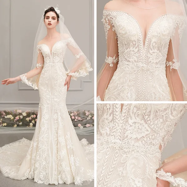 Best Champagne See-through Wedding Dresses 2019 Trumpet / Mermaid Scoop Neck Bell sleeves Backless Appliques Lace Beading Chapel Train Ruffle