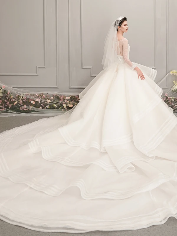 Luxury / Gorgeous Ivory See-through Wedding Dresses 2019 Ball Gown Scoop Neck 3/4 Sleeve Backless Beading Cathedral Train Cascading Ruffles