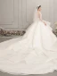 Luxury / Gorgeous Ivory See-through Wedding Dresses 2019 Ball Gown Scoop Neck 3/4 Sleeve Backless Beading Cathedral Train Cascading Ruffles