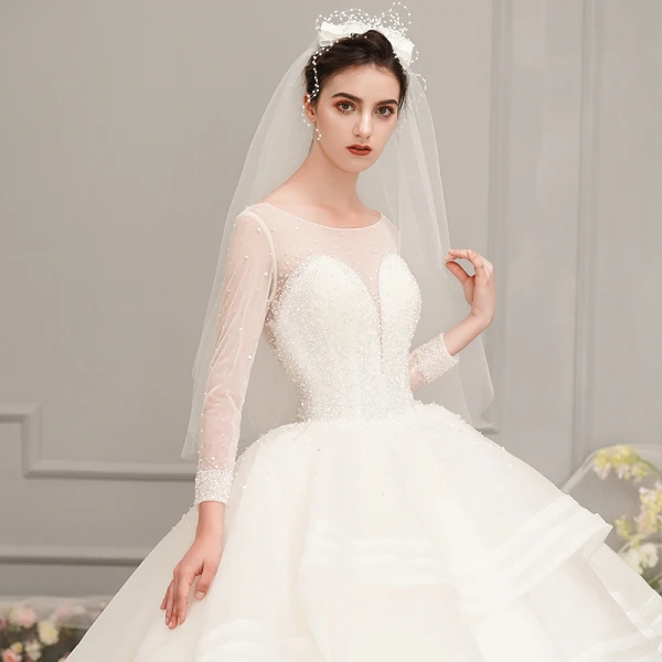 Luxury / Gorgeous Ivory See-through Wedding Dresses 2019 Ball Gown Scoop Neck 3/4 Sleeve Backless Beading Cathedral Train Cascading Ruffles