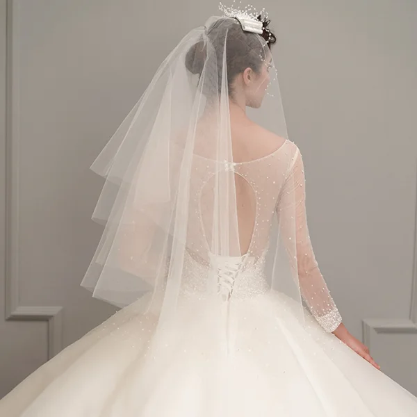 Luxury / Gorgeous Ivory See-through Wedding Dresses 2019 Ball Gown Scoop Neck 3/4 Sleeve Backless Beading Cathedral Train Cascading Ruffles