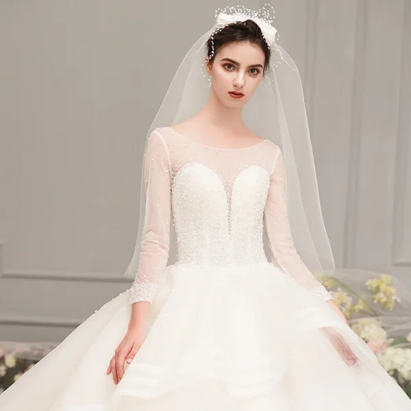 Luxury / Gorgeous Ivory See-through Wedding Dresses 2019 Ball Gown Scoop Neck 3/4 Sleeve Backless Beading Cathedral Train Cascading Ruffles