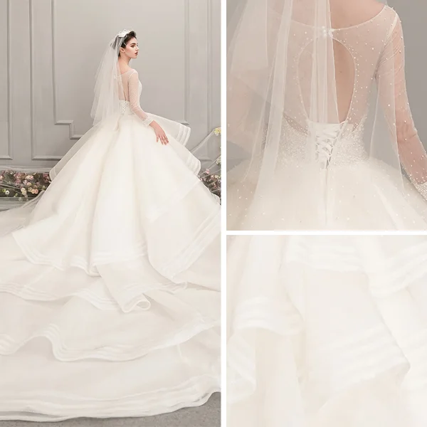 Luxury / Gorgeous Ivory See-through Wedding Dresses 2019 Ball Gown Scoop Neck 3/4 Sleeve Backless Beading Cathedral Train Cascading Ruffles