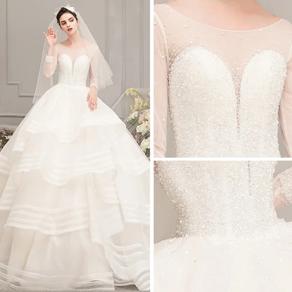 Luxury / Gorgeous Ivory See-through Wedding Dresses 2019 Ball Gown Scoop Neck 3/4 Sleeve Backless Beading Cathedral Train Cascading Ruffles