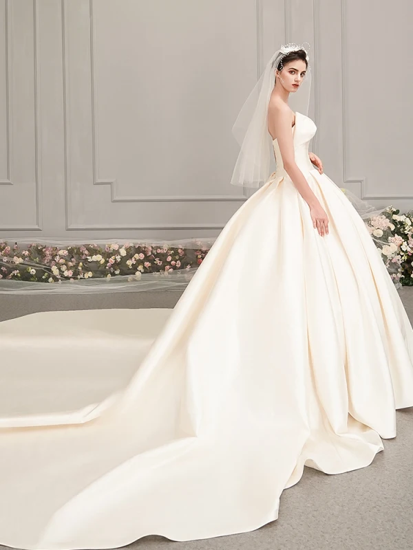 Enkel Satin Champagne Brudekjoler 2019 Prinsesse Fantastiske / Unike Kjæreste Uten Ermer Ryggløse Cathedral Train Buste