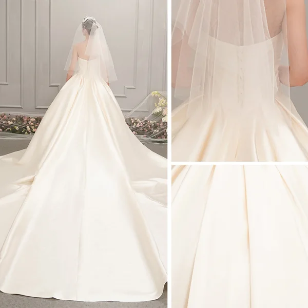 Enkel Satin Champagne Brudekjoler 2019 Prinsesse Fantastiske / Unike Kjæreste Uten Ermer Ryggløse Cathedral Train Buste
