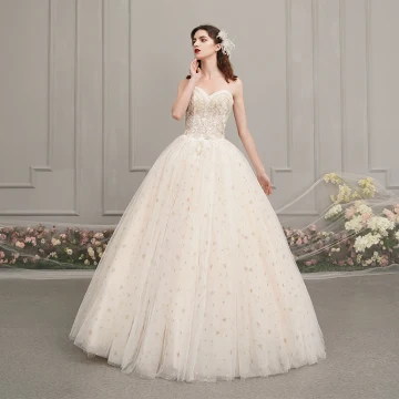 Chic Beautiful Champagne Outdoor Garden Wedding Dresses 2019 A Line Princess Sweetheart Sleeveless Backless Beading Glitter Star Floor Length Long Ruffle