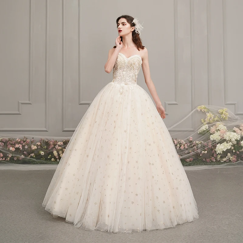 Fine Champagne Hage Utendørs Brudekjoler 2019 Prinsesse Kjæreste Uten Ermer Ryggløse Beading Glitter Stjerne Lange Buste