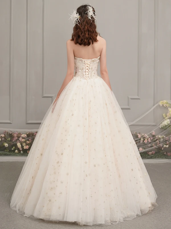 Chic / Beautiful Champagne Outdoor / Garden Wedding Dresses 2019 A-Line / Princess Sweetheart Sleeveless Backless Beading Glitter Star Floor-Length / Long Ruffle