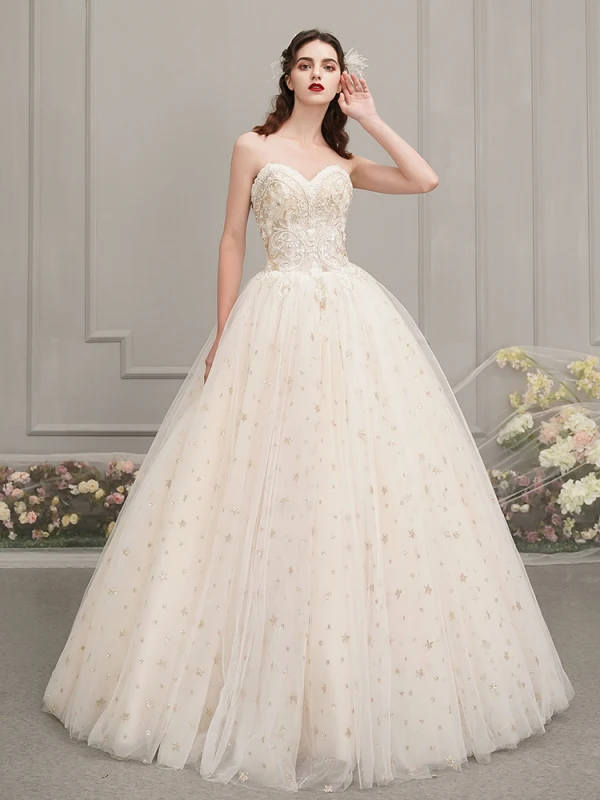Chic / Beautiful Champagne Outdoor / Garden Wedding Dresses 2019 A-Line / Princess Sweetheart Sleeveless Backless Beading Glitter Star Floor-Length / Long Ruffle