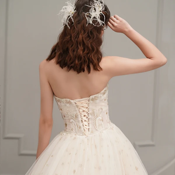 Chic / Beautiful Champagne Outdoor / Garden Wedding Dresses 2019 A-Line / Princess Sweetheart Sleeveless Backless Beading Glitter Star Floor-Length / Long Ruffle