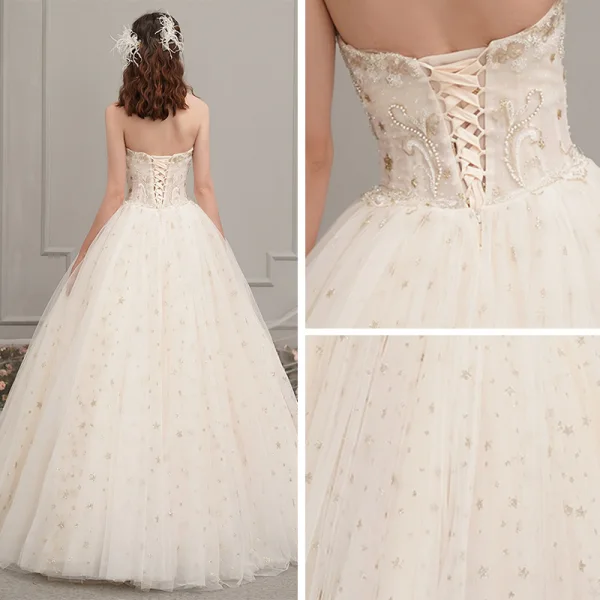 Chic / Beautiful Champagne Outdoor / Garden Wedding Dresses 2019 A-Line / Princess Sweetheart Sleeveless Backless Beading Glitter Star Floor-Length / Long Ruffle