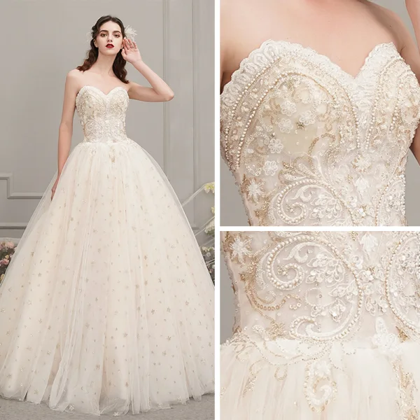Chic / Beautiful Champagne Outdoor / Garden Wedding Dresses 2019 A-Line / Princess Sweetheart Sleeveless Backless Beading Glitter Star Floor-Length / Long Ruffle